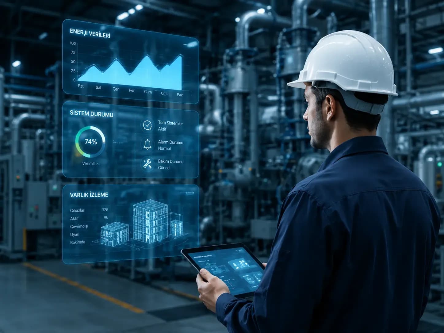 Endüstriyel tesiste tablet ile enerji ve varlık verilerini izleyen mühendis