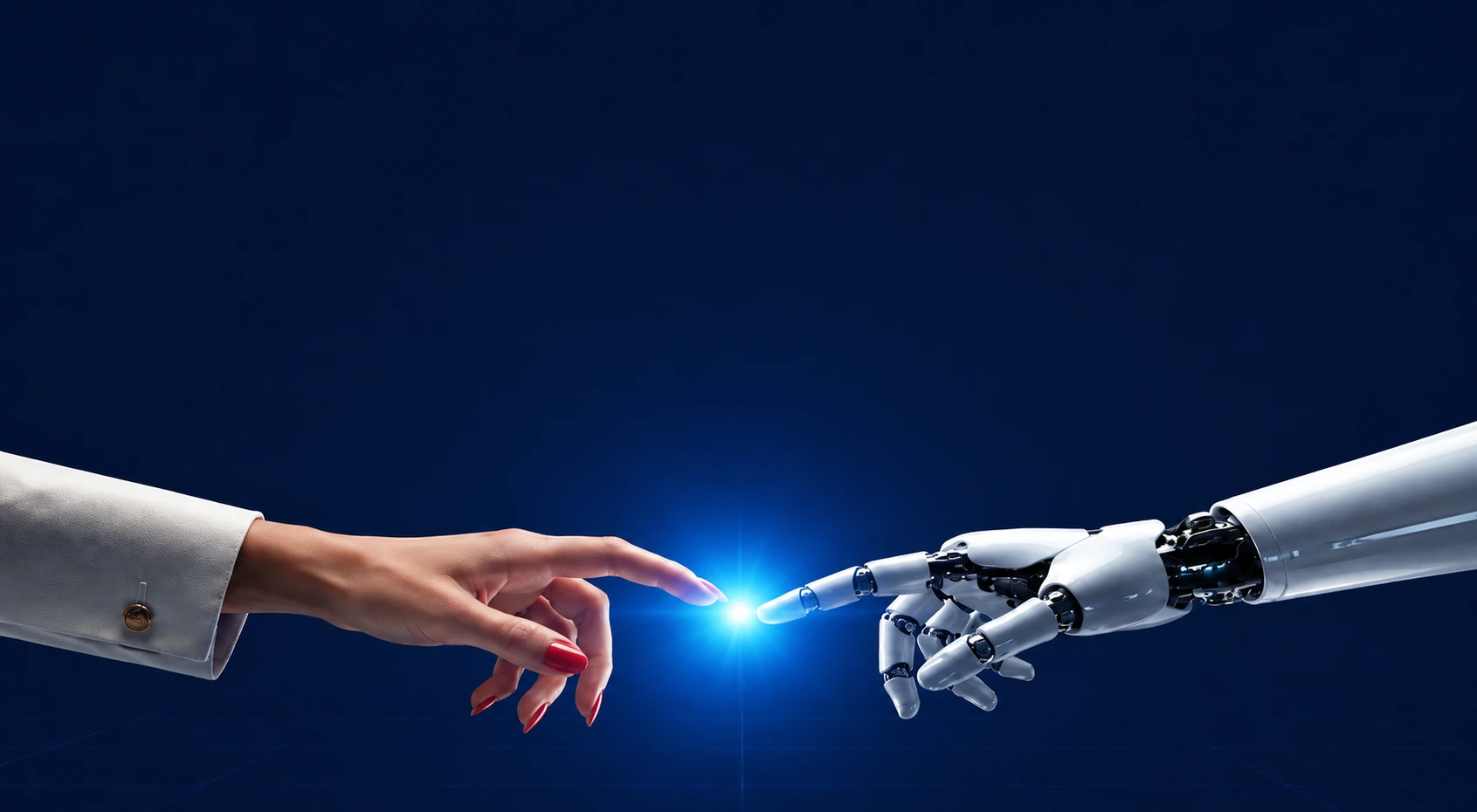 Bir insan eli ile robot elinin parmak uçlarının ışıklı bir noktada buluşması